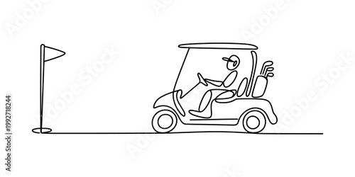 A simple continuous line drawing illustration showing a person driving a golf cart towards a flag on the green, capturing the essence of the game and the leisure activity of playing on a golf course. 