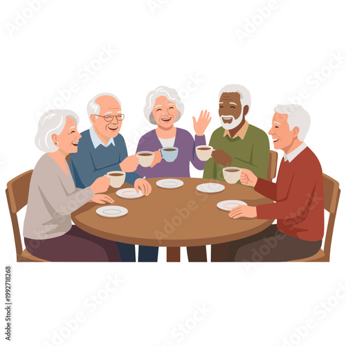 Elderly friends gather around a table, sharing laughter and coffee