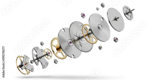 Detailed macro shot of a disassembled watch movement with gears, plates, and screws floating in an organized manner, set against a stark white background, conveying precision engineering