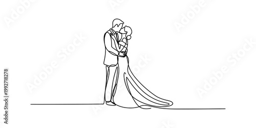 A beautiful and minimalist single line art illustration depicting a romantic bride and groom standing together in an elegant pose, capturing the essence of their love during a very special wedding day