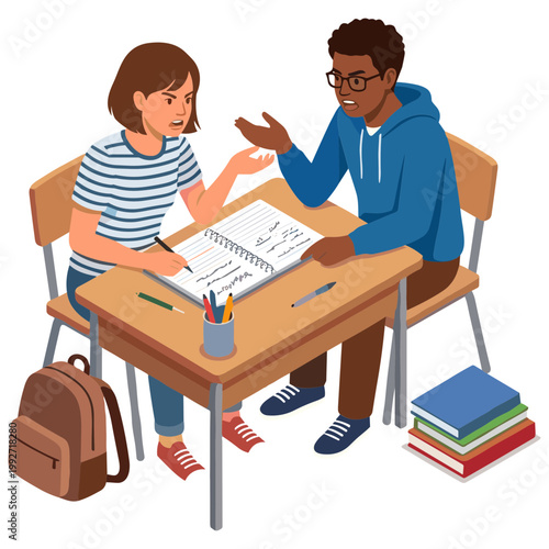 Two students sitting at a desk discussing a book with pencils and backpack
