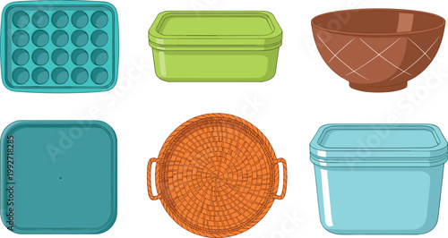 Plastic food containers and kitchen bowls set, storage boxes and utensils collection for household use, vector illustration