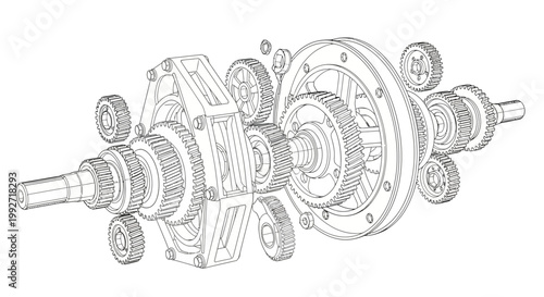 An exploded diagram of a mechanical differential, rendered in a precise technical illustration style with clear linework, showcasing its intricate internal gears and components