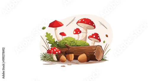 Vibrant red fly agaric mushrooms with distinctive white spots grow amidst lush green moss on a fallen wooden log surrounded by large brown acorns here.