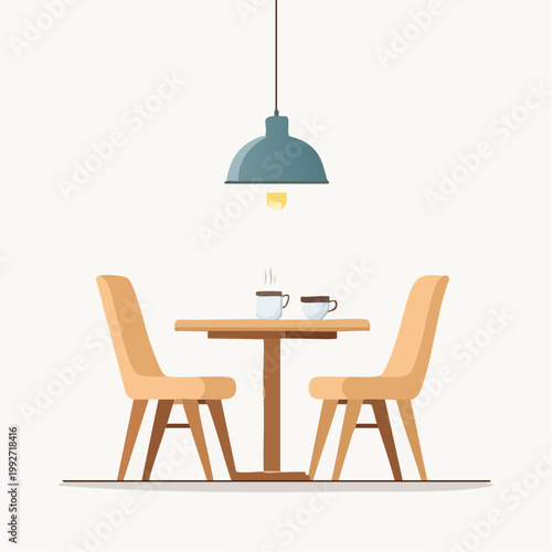Cozy cafe scene with two chairs and a table with steaming coffee cups under a pendant lamp.