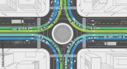 Aerial view of a busy roundabout intersection with traffic flow.
