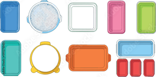 Plastic food containers and trays set, kitchen storage boxes collection with different shapes and lids, vector illustration