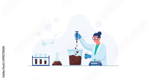 A professional female scientist wearing protective goggles and a white lab coat conducts a precise soil analysis using specialized laboratory equipment and chemical solutions.