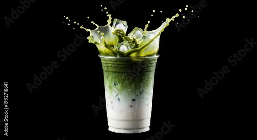 Iced matcha latte in a plastic cup with a splash of green tea and ice cubes isolated on black background