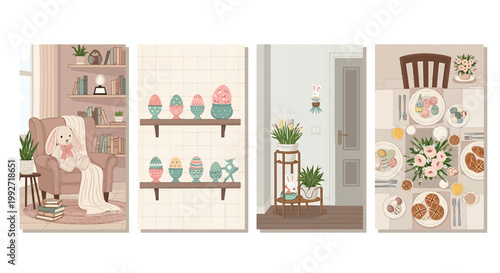Easter decorations in various rooms with eggs and flowers in pastel colors