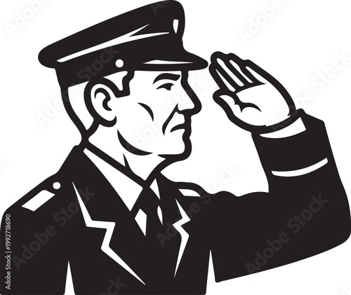 Military salute, officer saluting, army uniform, black and white vector