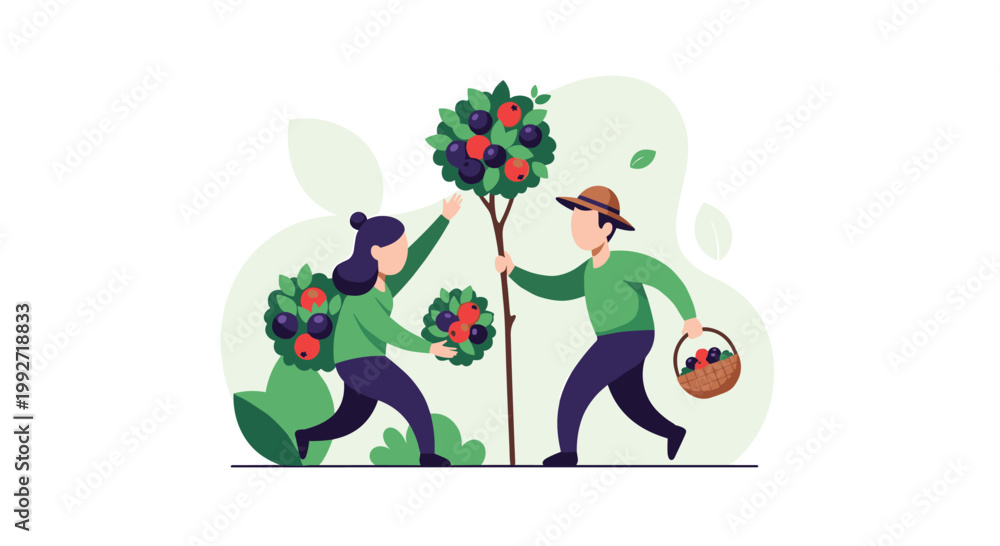 Naklejka premium Two active gardeners wearing matching green shirts and purple pants joyfully harvest ripe red and purple berries from several stylized round fruit trees.