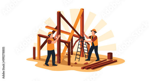 Two diligent construction workers wearing bright orange safety vests and hard hats meticulously assemble a large wooden structural frame on a sandy site.