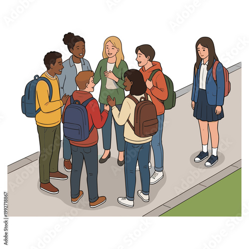 Teenagers interact on sidewalk with backpacks and casual clothes