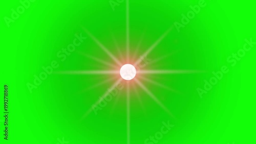 Bright lens flare animation on green screen with glowing star burst and light rays, professional chroma key overlay visual effect for video editing and motion graphics production in ultra HD 4K