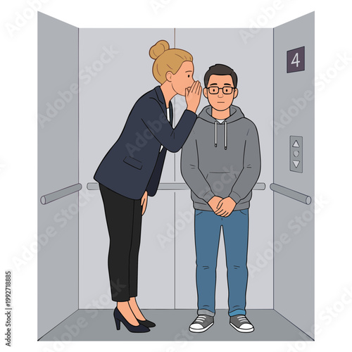 Woman whispers to a man in an elevator on floor 4 indoors.