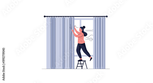 Diligent woman standing on a black step stool carefully adjusts long grey curtains on a window rod within a bright and minimalist interior space.