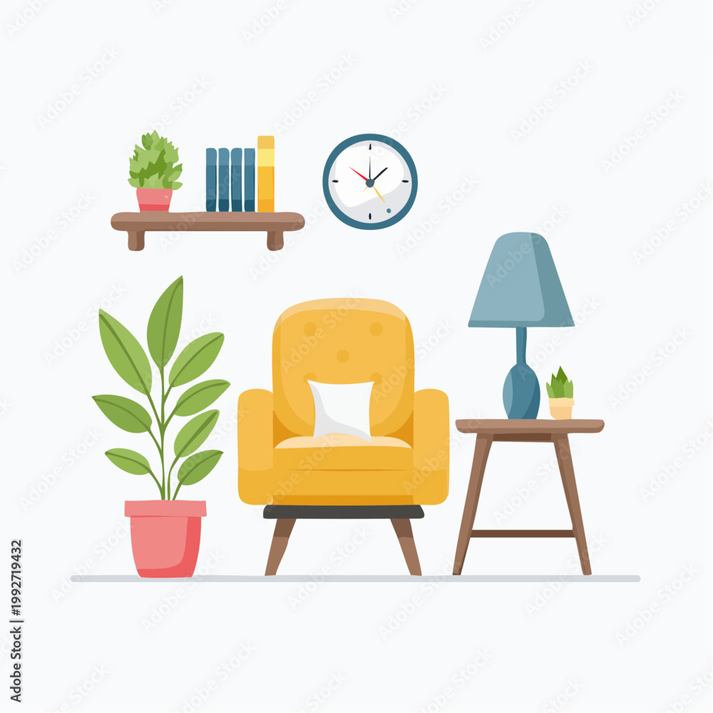 Fototapeta premium Cozy Living Room Scene: Yellow Armchair, Bookshelf, Lamp, Plant, and Clock