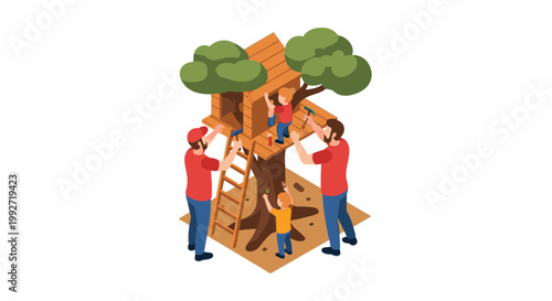 A dedicated family works together to construct a charming wooden treehouse using traditional tools and ladders in a vibrant outdoor backyard setting during summer.