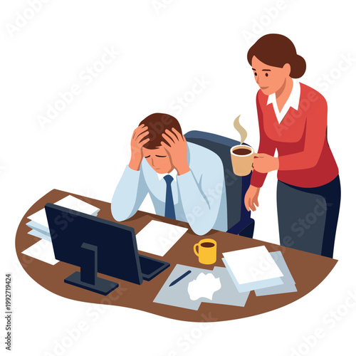 Woman offers coffee to stressed man sitting at office desk with computer