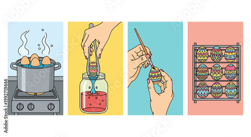 Colorful vector illustrations of cake decorating process steps with icing and tools