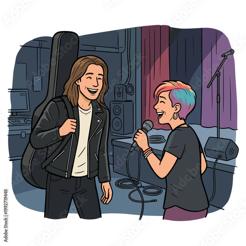 Two musicians performing on stage with guitar and microphone singing