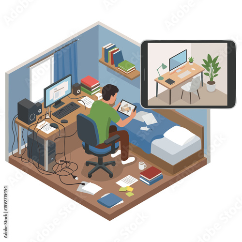 A man works on his computer in a cluttered small home office room with a bed