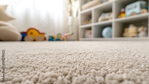 Close-up of soft beige carpet texture in a bright child's room with blurred toys