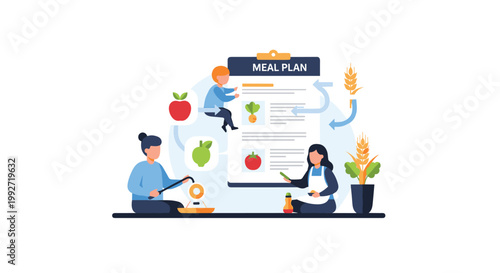 Collaborative group of people working together to organize a healthy meal plan on a giant clipboard surrounded by vibrant fruit and vegetable icons in a room.