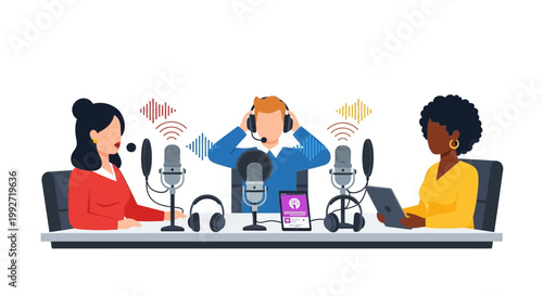 Three people recording a podcast together.