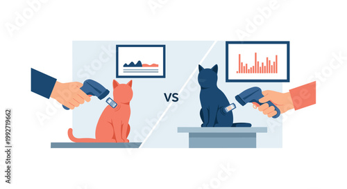 A side-by-side comparison illustrates hands using electronic scanners to read microchips on an orange feline and a dark blue cat against a grey backdrop.