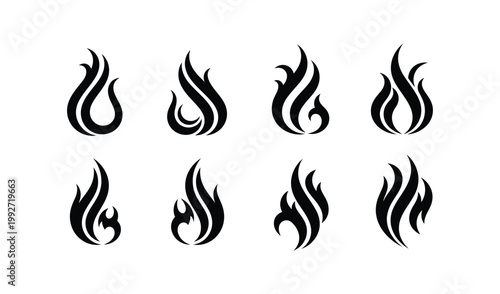 Eight stylized black flame icons on white background, abstract fire symbols for graphic design, logo, or branding use.