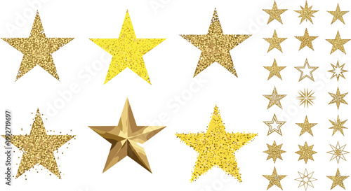 Golden glitter stars collection with different shapes and styles, shiny decorative elements for festive design, vector illustration set