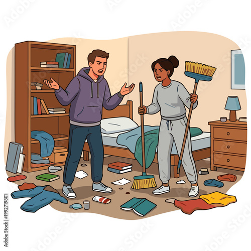 Couple argues in messy bedroom with scattered clothes and cleaning tools