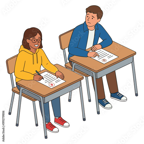 Two students sitting at desks taking a test in classroom