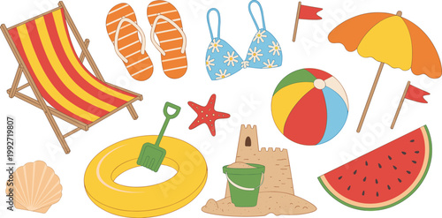 Summer beach elements set, vacation accessories illustration for holiday seaside activities