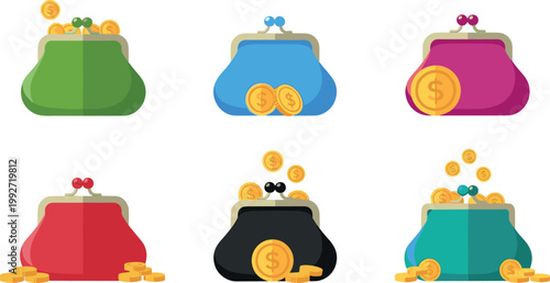 Money bags with coins collection, colorful purses filled with gold currency, savings and finance concept vector illustration set