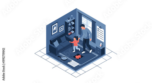 A caring father in a grey sweater gently leads his young daughter across a modern blue living room towards their small orange pet dog on the carpeted floor.