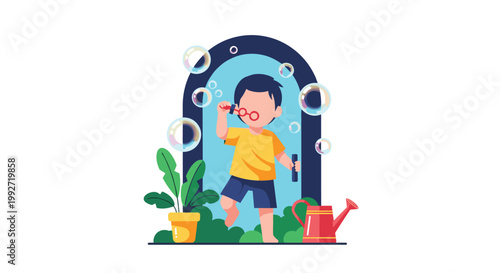 A playful young boy wearing a bright yellow shirt stands in a dark arched doorway blowing iridescent soap bubbles near a potted plant and watering can.