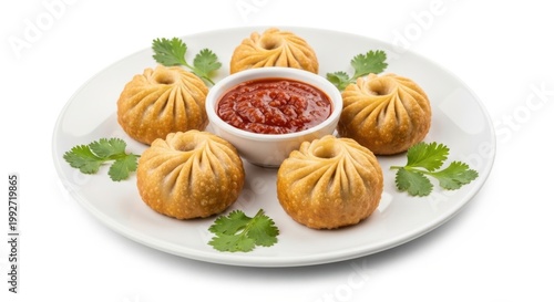Fried momos with spicy red chutney sauce on a white plate isolated on white background