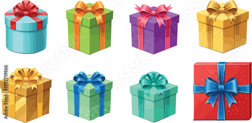 Colorful gift boxes with ribbons and bows set, festive present collection for celebration events, decorative vector illustration