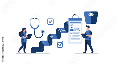 Professional healthcare workers in blue uniforms manage a structured pediatric visit workflow featuring a large stethoscope icon and a medical weight scale on white.