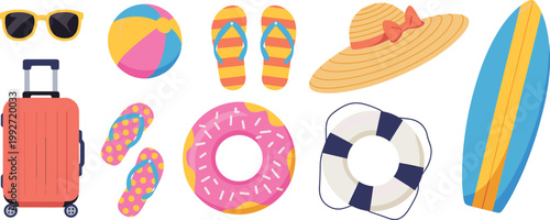 Summer vacation travel icons set, beach accessories vector illustration for holiday design