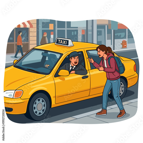 Woman hails a yellow taxi on a city street with driver