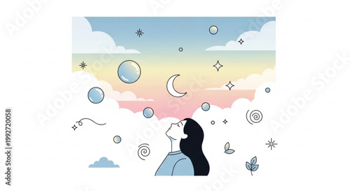 Girl dreaming with floating bubbles and soft clouds in pastel sky
