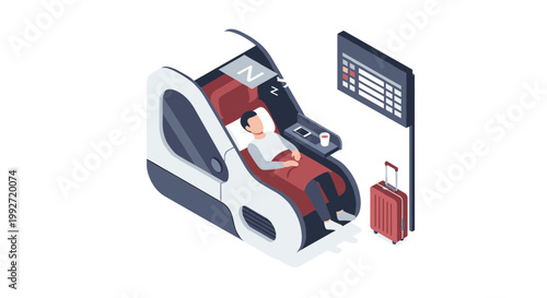 A tired male traveler rests peacefully inside a modern white isometric sleeping pod located in a quiet airport terminal featuring a grey and navy blue color palette.