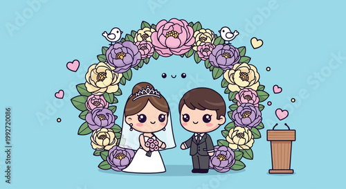 Cartoon Bride And Groom Under Floral Arch.