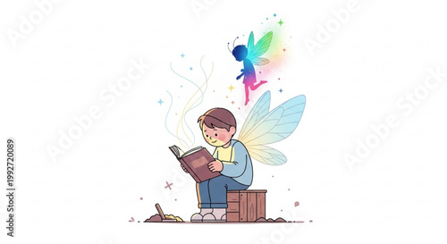 Young fairy boy reading magical book with glowing sparkles illustration