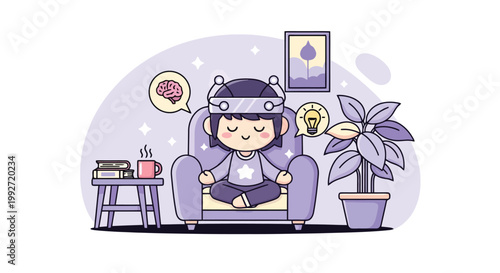Cartoon girl wearing headset sitting illustration.