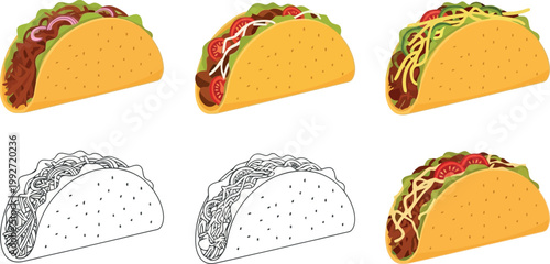 Tacos with meat vegetables and sauce set, Mexican fast food collection with different fillings, detailed vector illustration